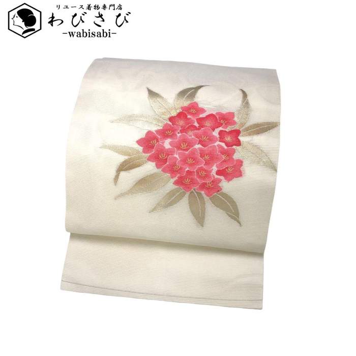 【お得なクーポン配布中】 夏帯 名古屋帯 絽 紫陽花 金糸 鳥の子色 O-5029 着物 きもの kimono 和服 和装 中古 リサイクル着物 【送料無料】