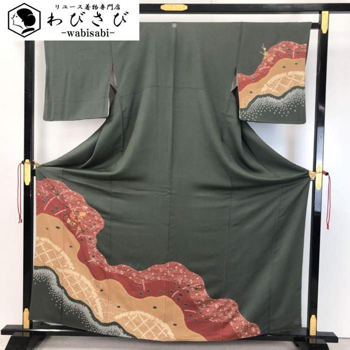 【お得なクーポン配布中】 訪問着 絞り柄 刺繍の花模様 薩摩納戸色 K-4664 着物 きもの kimono 和服 和装 中古 リサイクル着物 【送料無料】|リユース着物わびさび 店