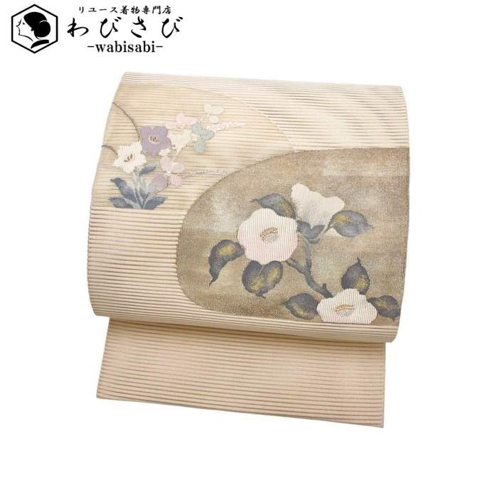 【お得なクーポン配布中】 夏帯 名古屋帯 絽綴れ 椿 桔梗 萩 生成色 O-2786 着物 きもの kimono 和服 和装 中古 リサイクル着物 【送料無料】