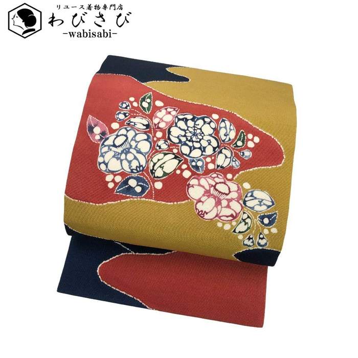 【お得なクーポン配布中】 名古屋帯 型染 染分 椿の花模様 縮緬 O-5059 着物 きもの kimono 和服 和装 中古 リサイクル着物 【送料無料】|リユース着物わびさび 店