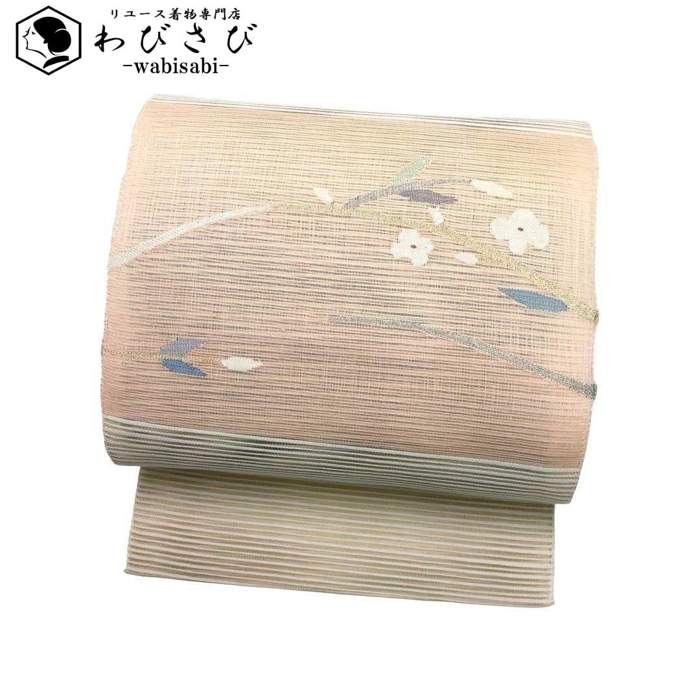 【お得なクーポン配布中】 夏帯 名古屋帯 絽 花柄 薄生成色 O-2865 着物 きもの kimono 和服 和装 中古 リサイクル着物 【送料無料】|リユース着物わびさび 店