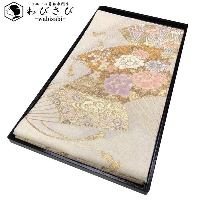【お得なクーポン配布中】 袋帯 明綴 プラチナ箔 扇子に花草模様 金銀糸 生成色 O-5162 着物 きもの kimono 和服 和装 中古 リサイクル着物 【送料無料】｜リユース着物わびさび　店