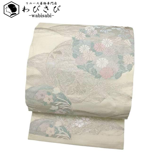 【お得なクーポン配布中】 夏帯 名古屋帯 絽 花模様 桔梗 菊 銀糸 乳白色 O-3749 着物 きもの kimono 和服 和装 中古 リサイクル着物 【送料無料】