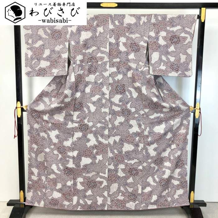 【お得なクーポン配布中】 小紋 総絞り 花柄模様 紫鼠色 K-5148 着物 きもの kimono 和服 和装 中古 リサイクル着物 【送料無料】