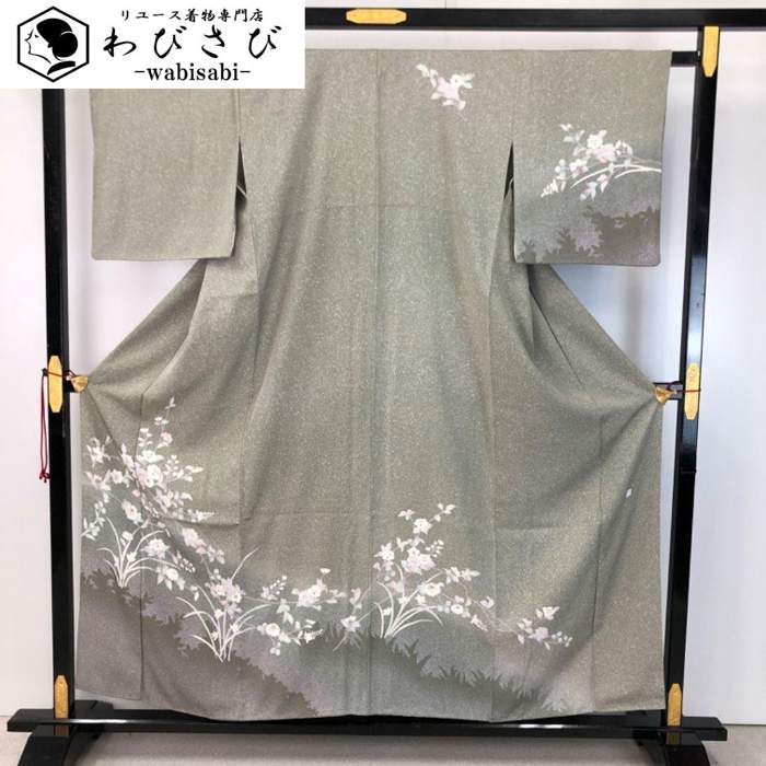 【お得なクーポン配布中】 訪問着 作家物 友禅 美しい花草模様 叩き染 灰緑色 K-4946 着物 きもの kimono 和服 和装 中古 リサイクル着物 【送料無料】