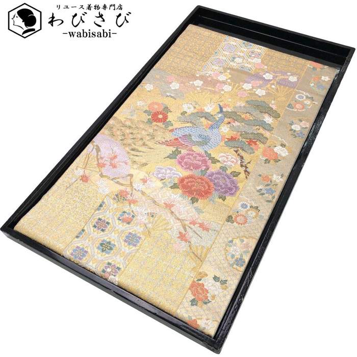【お得なクーポン配布中】 袋帯 本金箔 献上王華孔雀文 扇子 松 牡丹 金色 O-2926 着物 きもの kimono 和服 和装 中古 リサイクル着物 【送料無料】