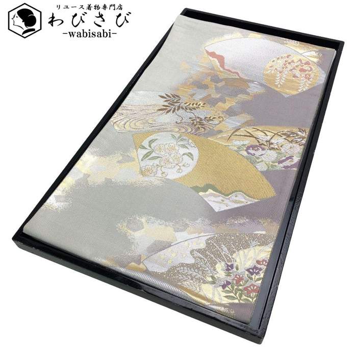 【お得なクーポン配布中】 袋帯 地紙に四季の花模様 満月 グラデーション 金銀糸 O-3189 着物 きもの kimono 和服 和装 中古 リサイクル着物 【送料無料】
