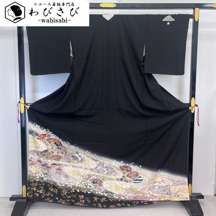 塩沢紬 単 黒縦ライン 雪輪の小紋 トールサイズ おまけ帯留めつき 塩沢