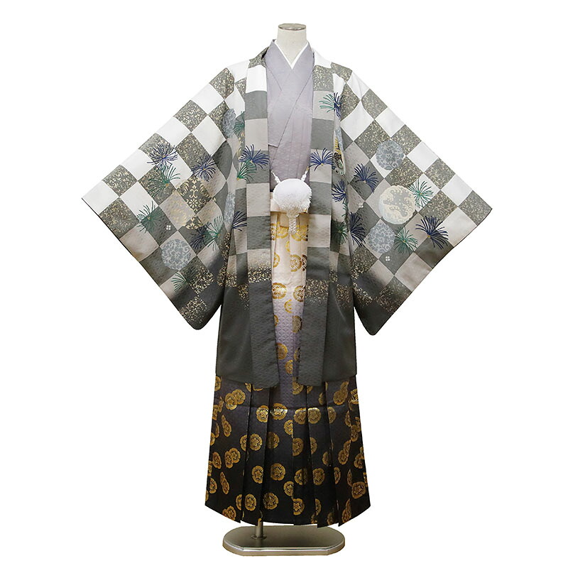 【レンタル】 紋付袴 9点セット【対応身長：175cm～180cm】羽織袴レンタル フルセット men034-p （mb088-hb151）【往復送料無料】 羽織袴 レンタル 卒業袴 白 グレー 市松 龍 羽織袴 紋 丸に違い鷹の羽 メンズ レンタル着物 結婚式 披露宴 卒業式