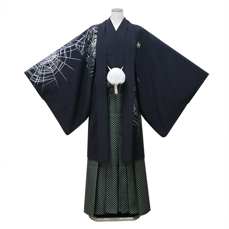 【レンタル】 紋付袴 9点セット【対応身長：175cm～180cm】羽織袴レンタル フルセット men054-p （mb169-hb121）【往復送料無料】 羽織袴 レンタル 卒業袴 黒 蜘蛛の巣 市松 羽織袴 紋 メンズ レンタル着物 結婚式 披露宴 卒業式