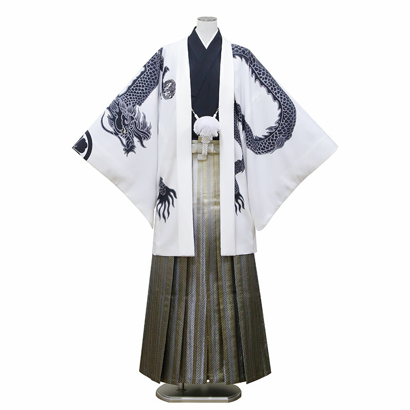 【レンタル】 羽織袴 9点セット【対応身長：175cm～180cm】羽織袴レンタル フルセット men106-p （mb194-hb115）【往復送料無料】 羽織袴 レンタル 卒業袴 白 黒 龍 ストライプ 羽織袴 メンズ レンタル着物 結婚式 披露宴 卒業式