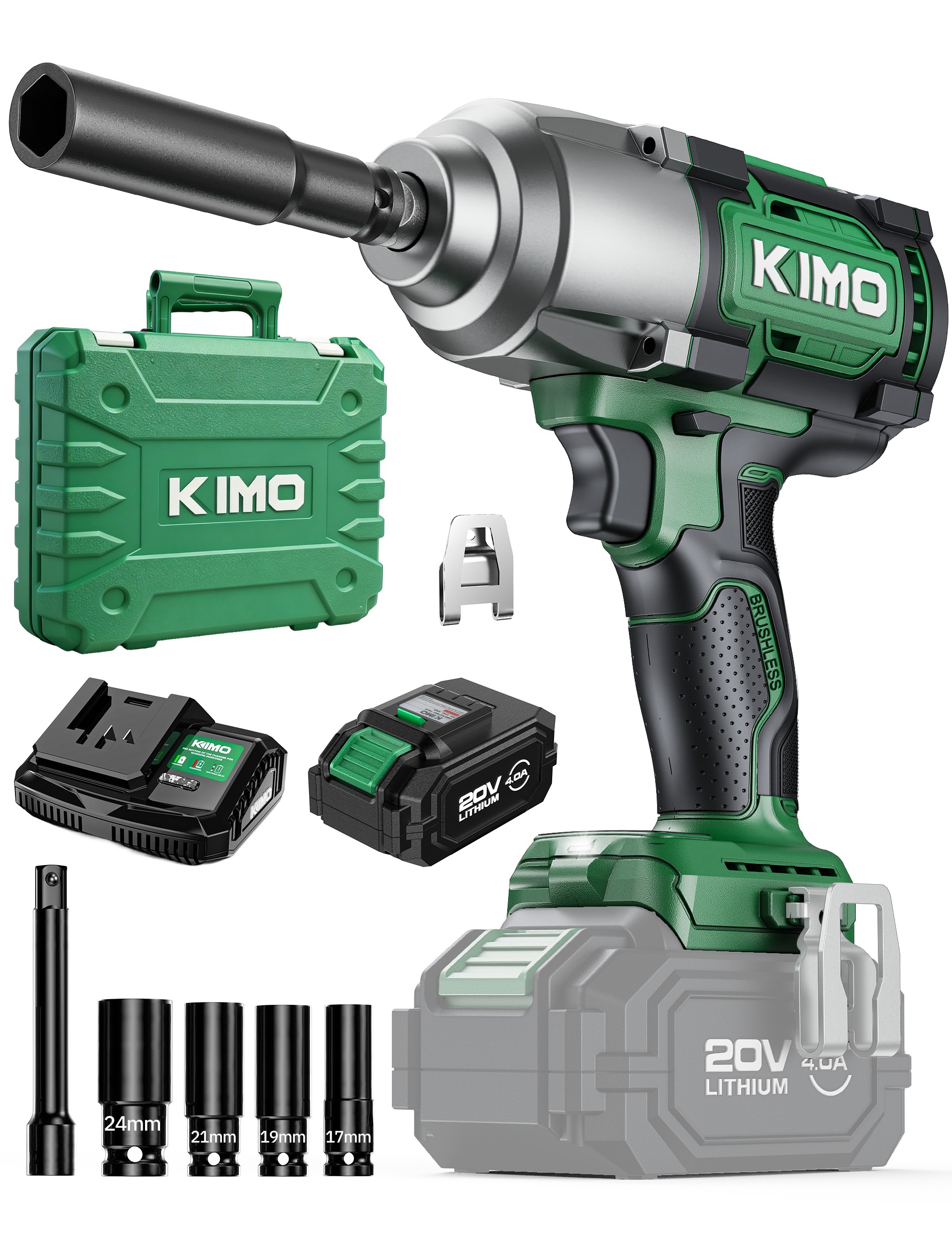 【10%OFFクーポン配布中】KIMO 電動インパクトレンチ タイヤ交換 コードレス 20V 4000mAhバッテリー 急速充電器搭載 高トルク800NN・m 無断変速 自動停止モード インパクト ソケット5本 正逆切替 LEDライト付き|KIMO