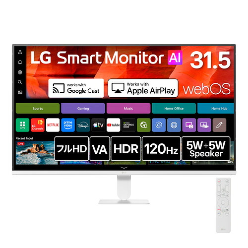LGエレクトロニクス 32U501SB-W LG Smart Monitor AI 31.5型 フルHD 120Hz VAパネル採用 sRGB 99% HDR10 ノングレア ホワイト|KIMURAYA NET TASTE