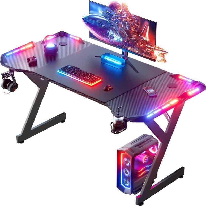 HLDIRECT ゲーミングデスク pcデスク机 「メーカー一年」幅120cm*奥行60cm*高さ75cm パソコンデスクワークデスク 作業机 Y型脚構造設計 自動RGBライド ヘッドフォンフックとカップホルダー付