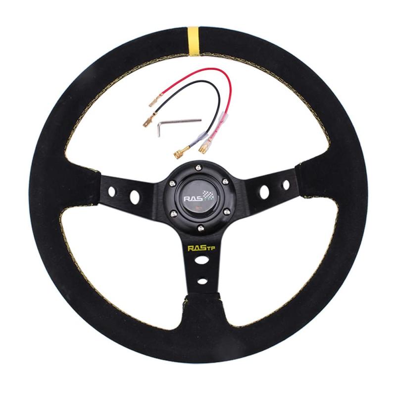 DRIFTING ディープコーンステアリング 黒/黄色 3スポーク　350㎜ ステアリング 32φ ディープコーン 70mm フェイクレザーPVC