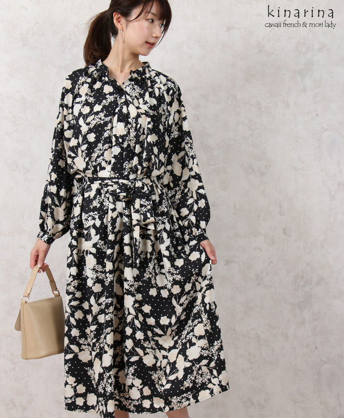 日本最大級 楽天市場 Cawaii French ドット地にフラワーを重ねたシックなブラウスワンピース ブラウン キナリナ 他にはない大人服通販 最適な価格 Radonnb Co Rs