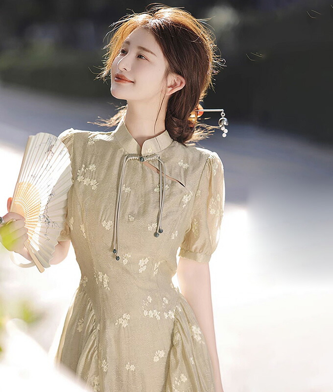 送料無料 ワンピース ロングワンピース ワンピ 半袖 パフスリーブ チャイナ服 スタンドカラー 花柄 ジャカード フレア ベージュ 春「cawaii french」｜キナリナ-他にはない大人服通販-