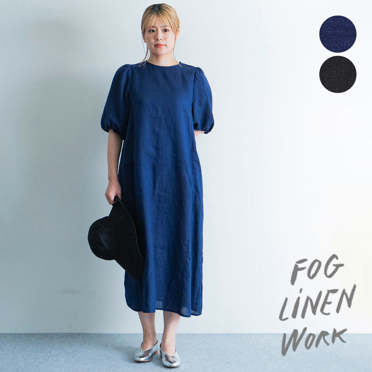 フォグリネンワークfog linen work 七分袖ワンピース　濃紺　状態良好 フォグリネンワーク fog linen work リネン7分袖ワンピース (33