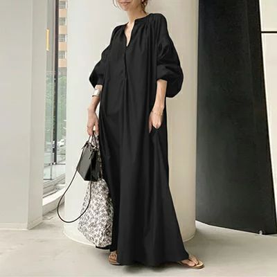 ロングワンピース レディース きれいめ ランタンスリーブ 七分袖 Vネック ワンピース 可愛い ワンピ ブラック 黒 春 夏 秋 20代