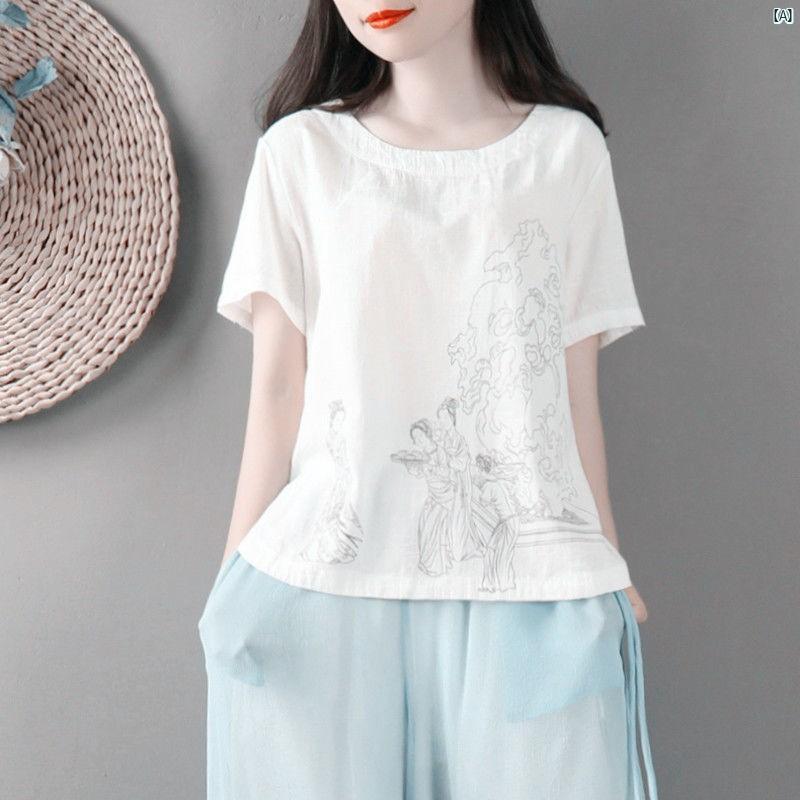 レディース ファッション コーデ 春 秋 コットン リネン レディース トップス 高級 リネン 夏 中華風 半袖 Tシャツ