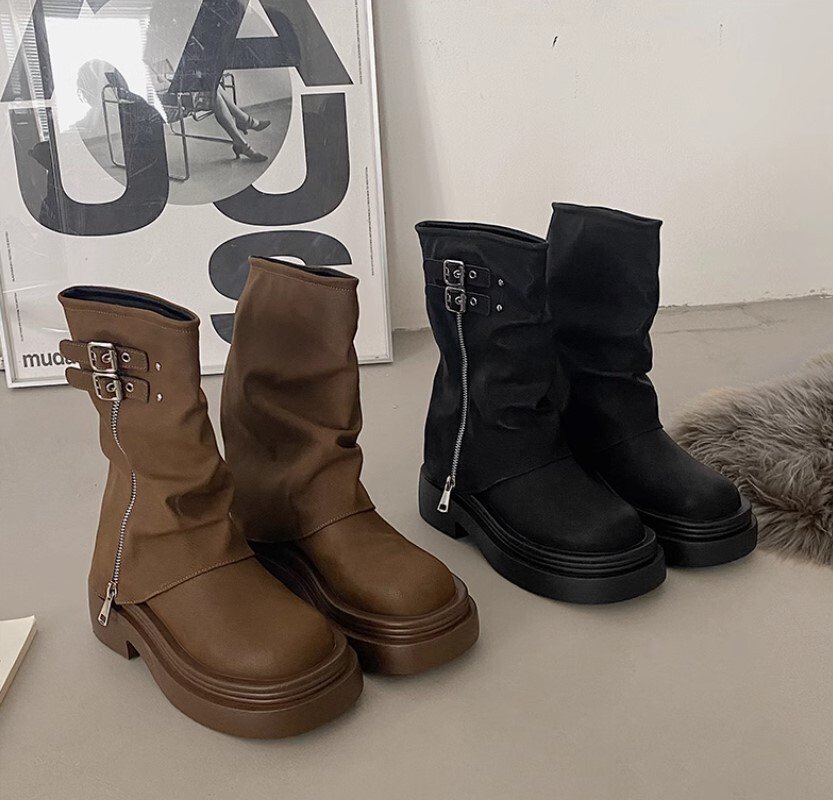 ミドルブーツ 2color バックルベルト厚底ミドルブーツ ファスナー付きカバー風 フェイクレザー ラウンドトゥ 6cm 厚底 Y2K 韓国