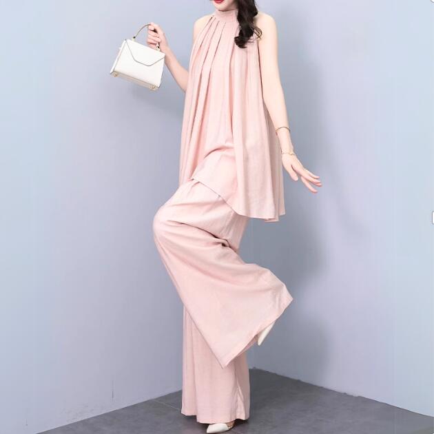 きれいめ レディースファッション セットアップ 50代 ファッション ホルターネック風 バックリボン 夏 大きいサイズ S～3XL セレ