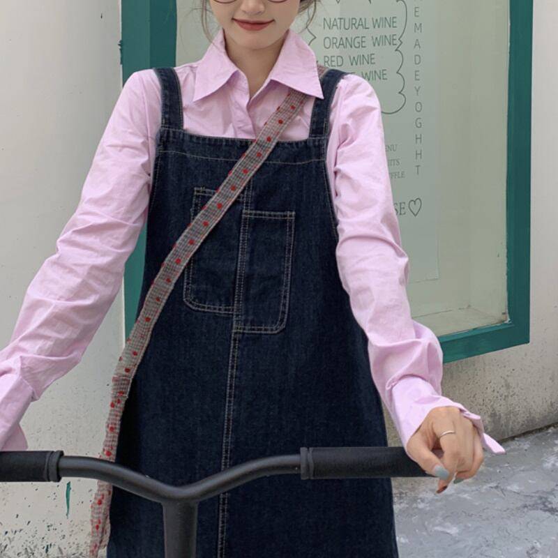 レディース ワンピース ジャンパースカート ひざ丈 デニム ラフ ゆったり 楽ちん 体系カバー 長袖 袖あり クール ボーイッシュ