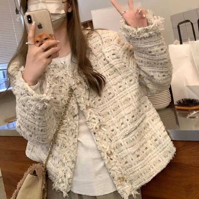 レディース アウター ジャケット MIXツイードジャケット ツイード ミドル丈 ゴールドボタン フリンジ風 羽織り 袖あり 長袖 きれ