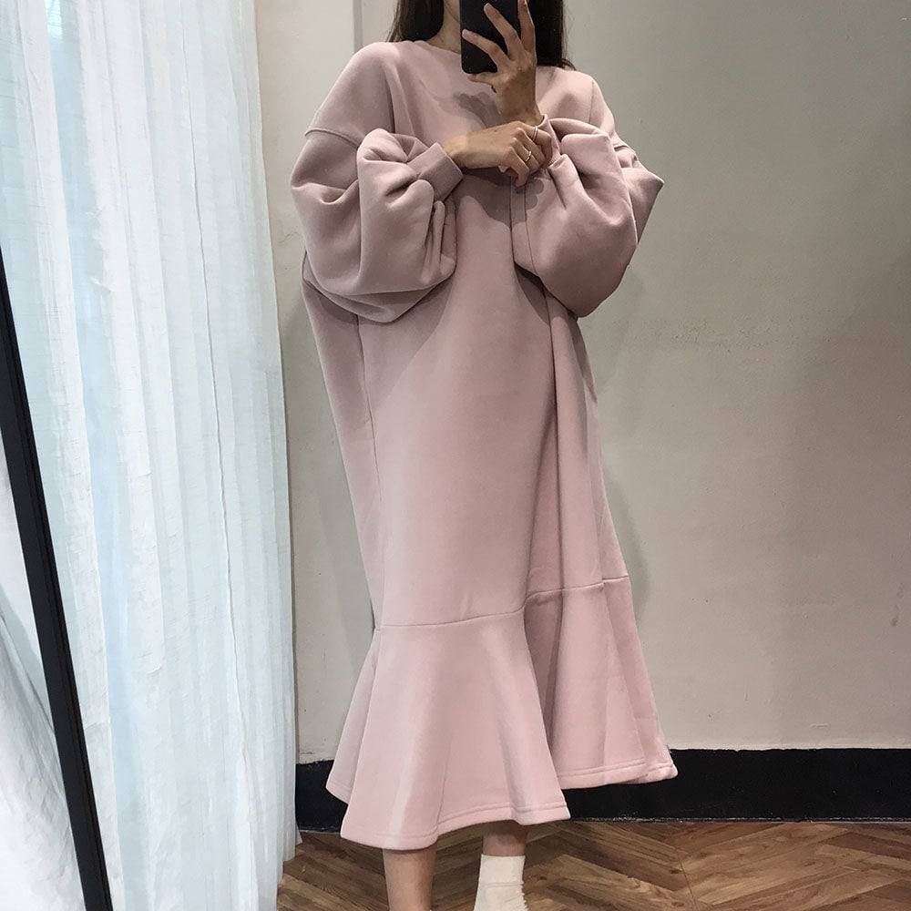 3color レディース ワンピース ロングワンピース ミモレ丈ワンピース マキシ丈 スウェットワンピース マーメイド 膝下 袖あり 長
