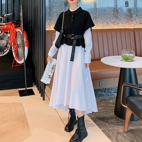 ワンピース ロングワンピース 膝下 ミモレ シャツワンピ アシメ アシンメトリー 長そで 長袖 襟付き 襟あり ドッキング ストライ 10,580円