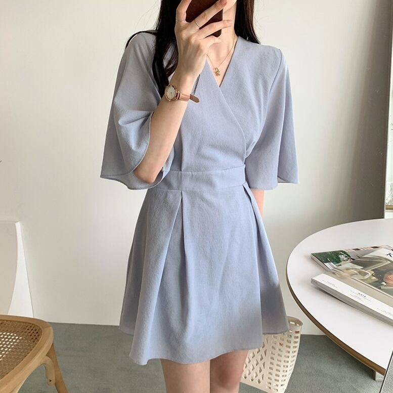 3color レディース シャツワンピース ミニ丈 フレア タックワンピース ミニドレス カシュクール Vネック 半袖 5分袖 フレアスリ