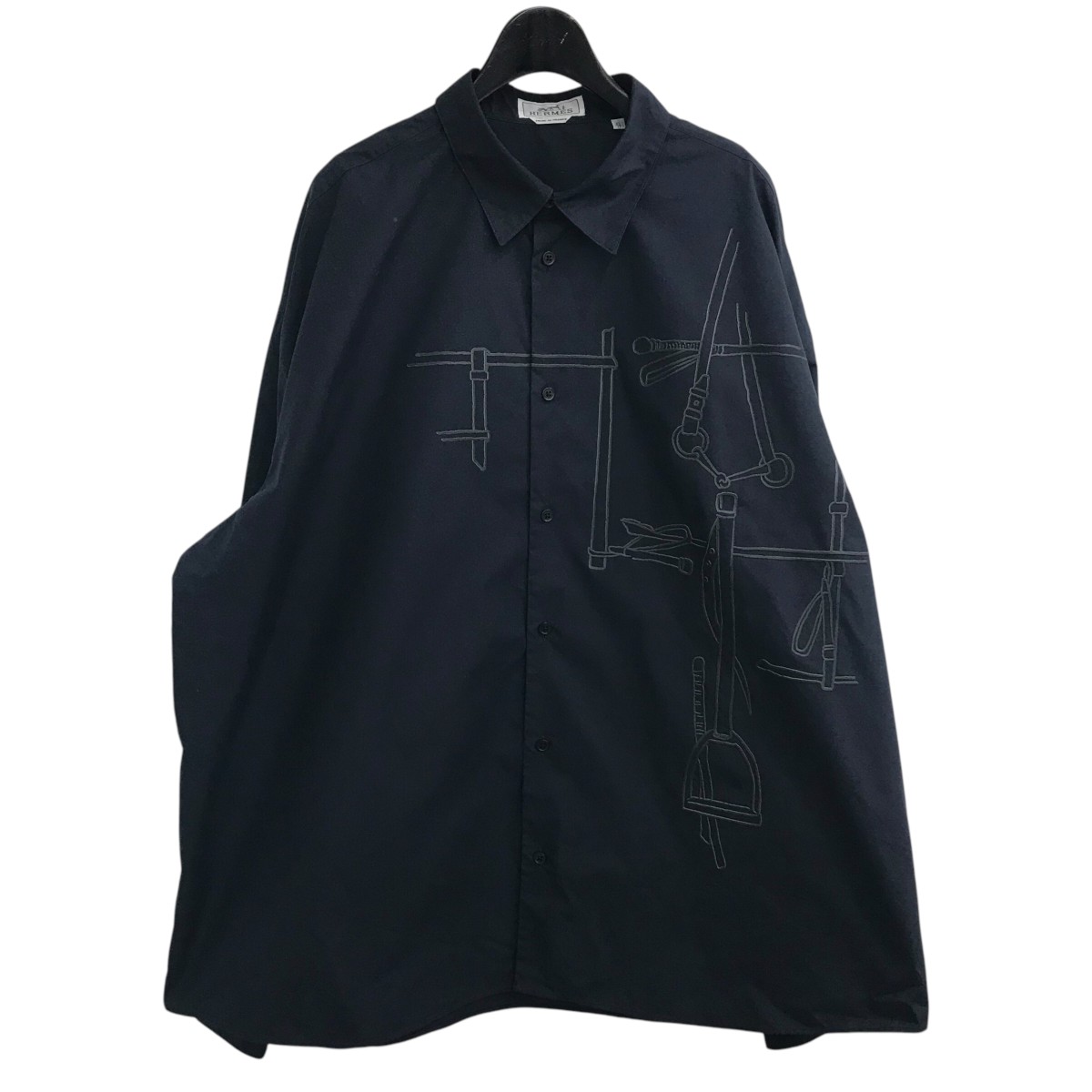 【中古】 HERMES プリントシャツ ネイビー サイズ：43 【価格見直し】