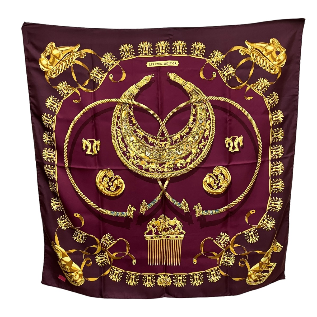 【中古】 HERMES　 黄金の騎士 LES CAVALIERS D’OR カレ90 バーガンディー 【020625】（エルメス）