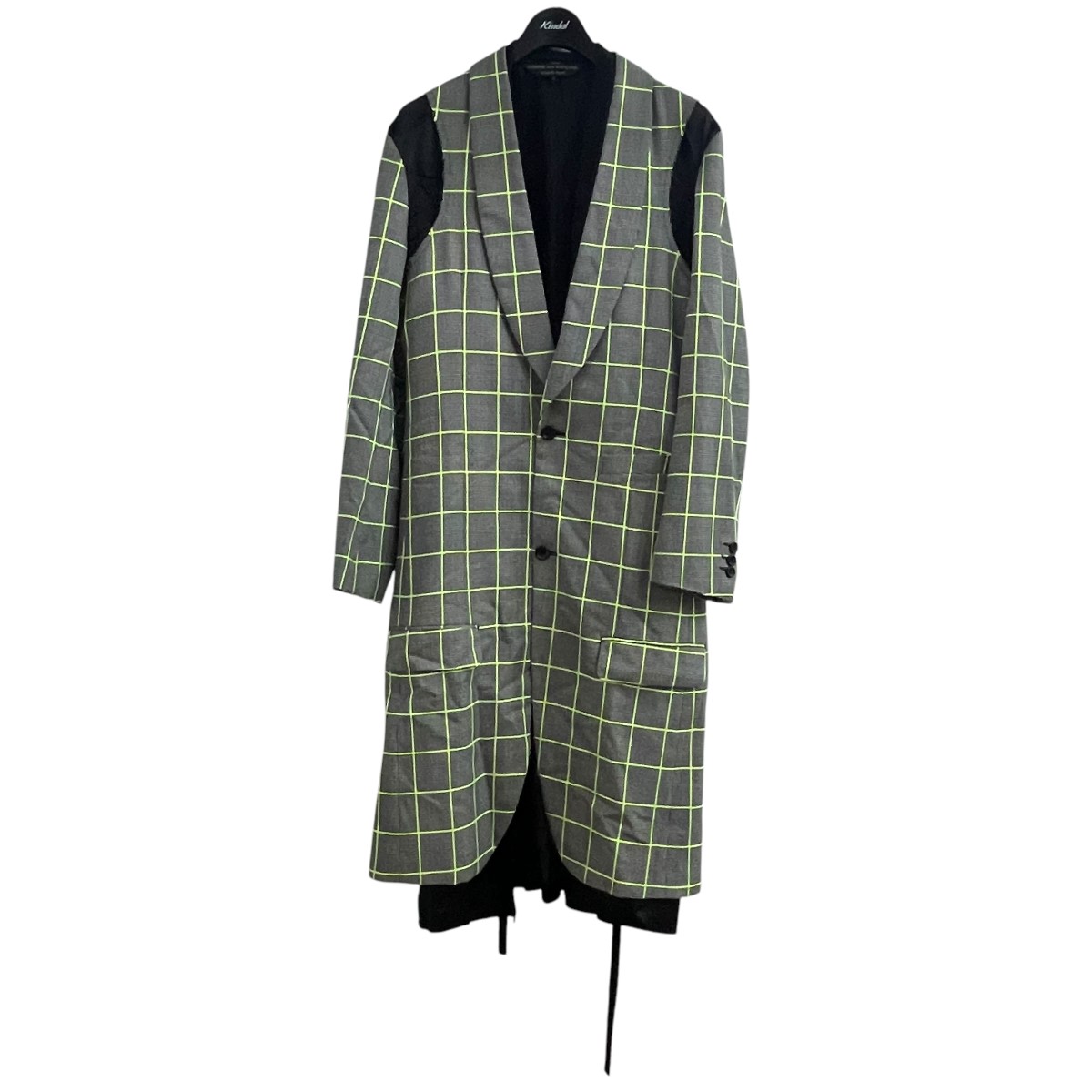 【中古】 COMME des GARCONS HOMME PLUS 19AW レーヤードチェックロングジャケット PD-J049 グレー×ネオンイエロー サイズ：S 【価格見直し】