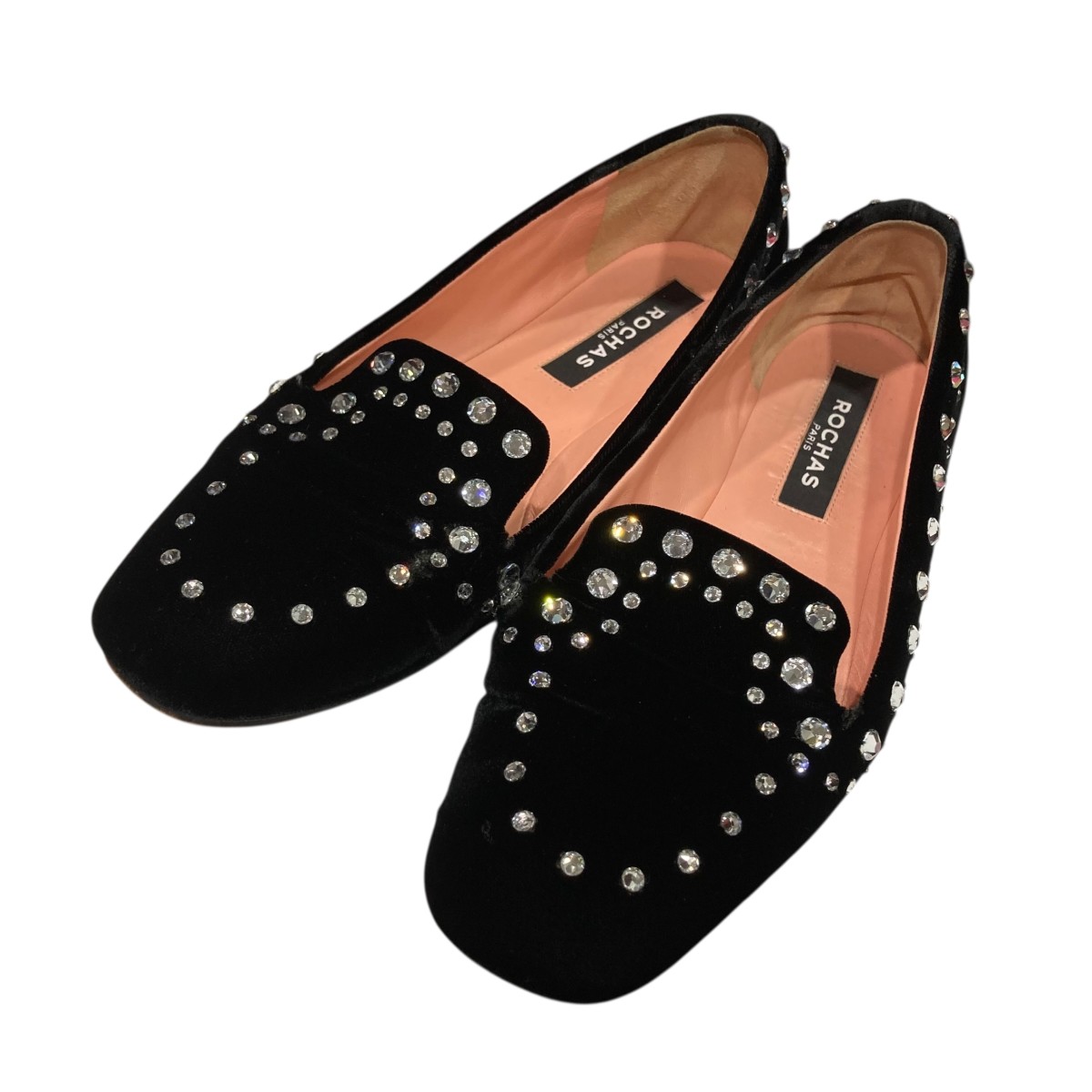 【中古】<br>ROCHAS<br>ビジューベロアパンプス ブラック サイズ：37<br>【価格見直し】