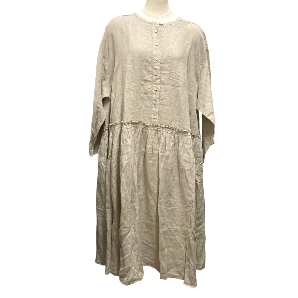 【中古】 nest Robe　 リネン天然染めウエスト切替ワンピース 長袖ワンピース 01231 1014 ベージュ サイズ：F 【030725】（ネストローブ）