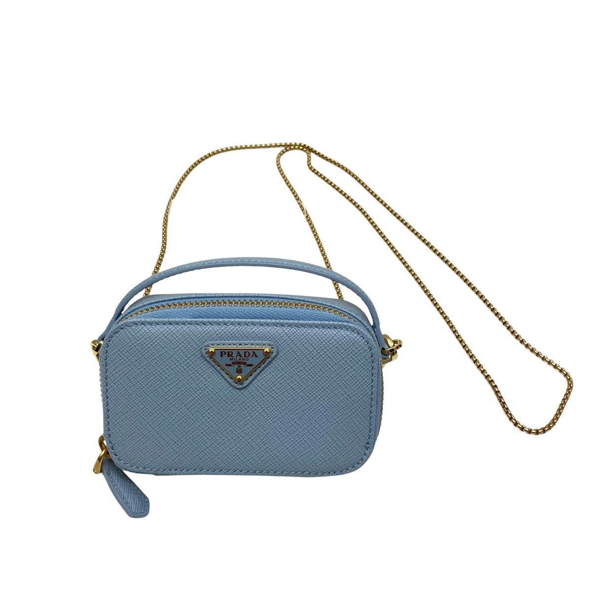 【中古】 PRADA サフィアーノトライアングル ミニポーチ ミニショルダーバッグ 1NR025 スカイブルー 【価格見直し】