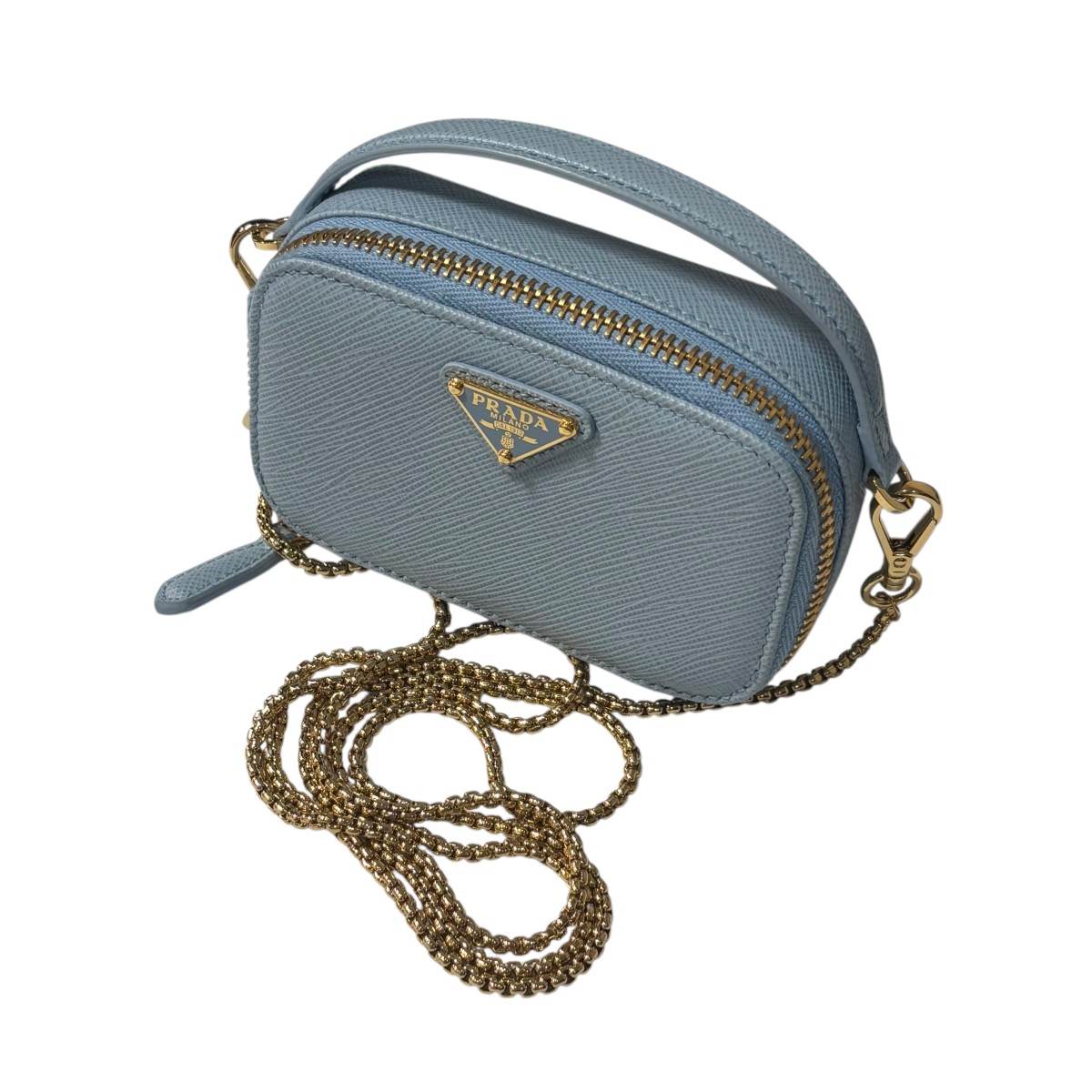 【中古】 PRADA サフィアーノトライアングル ミニポーチ ショルダーポーチ 1NR025 スカイブルー 【価格見直し】