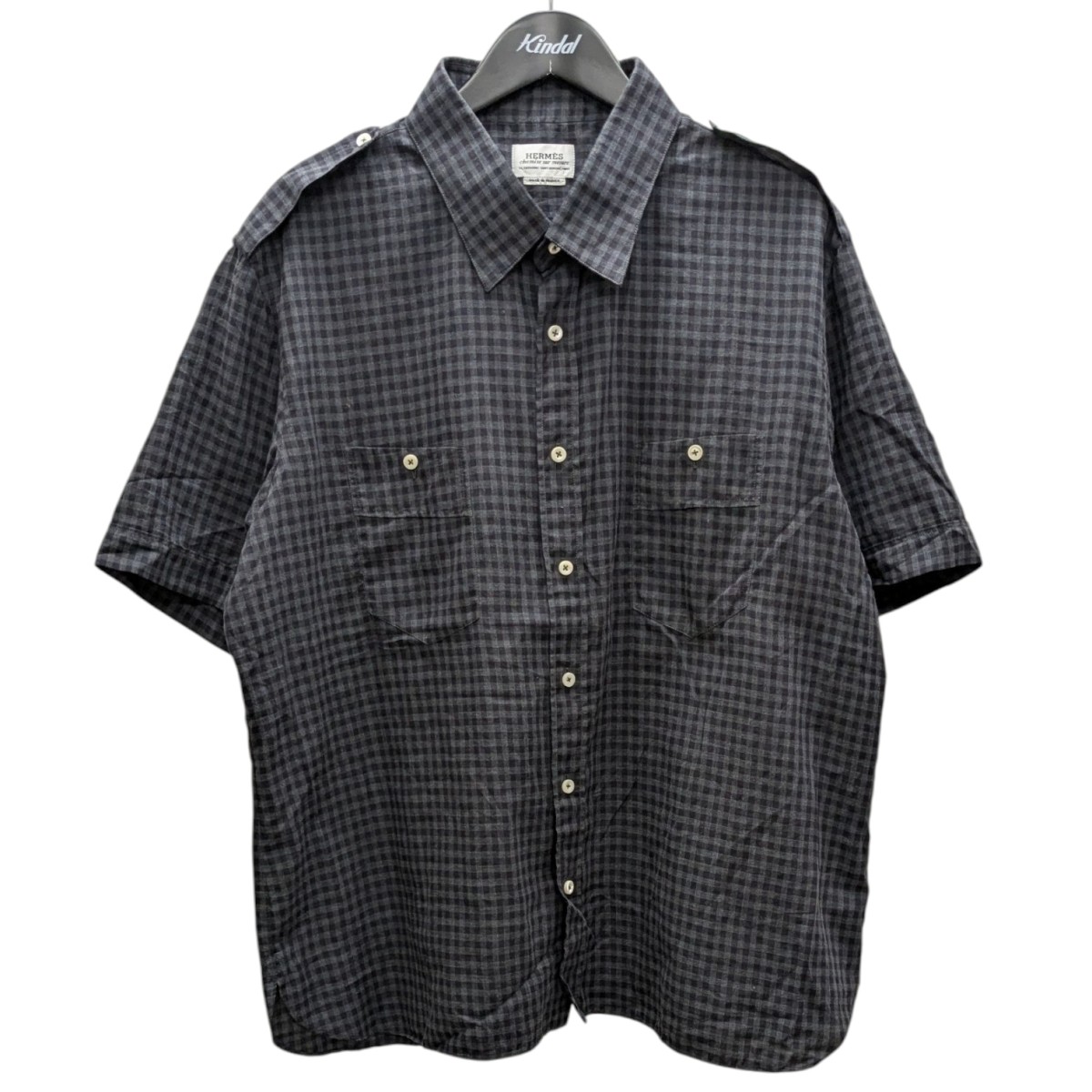 【中古】 HERMES　 半袖チェックシャツ グレー 【100426】（エルメス）