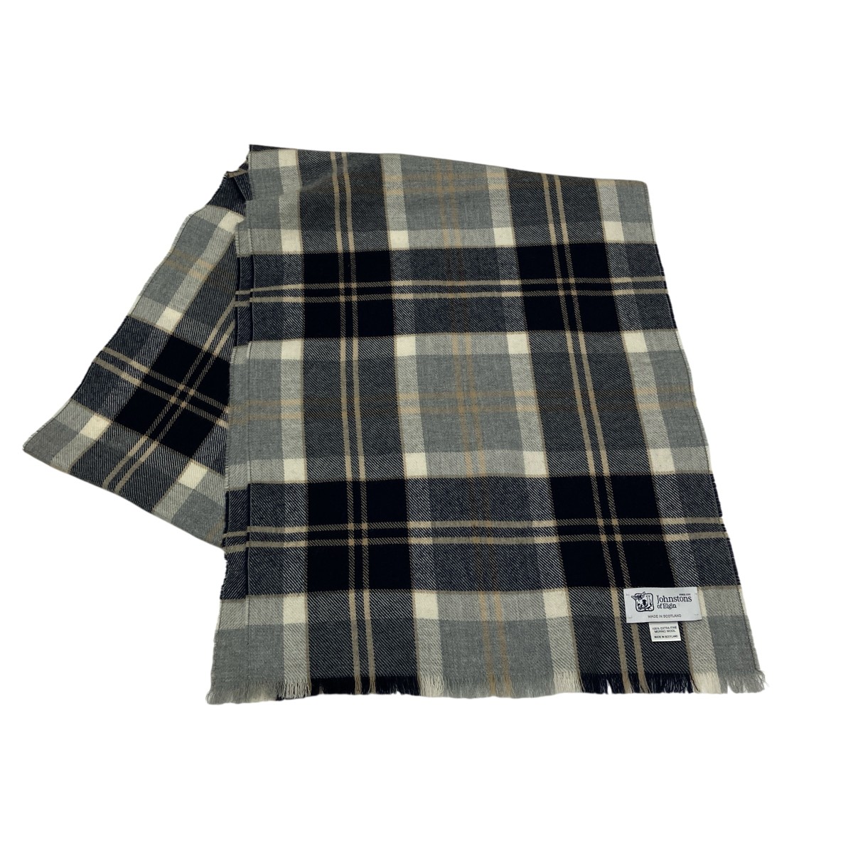 【中古】JOHNSTONS OF ELGIN チェック マフラー ネイビー×オフホワイト 【010825】（ジョンストンズオブエルガン）