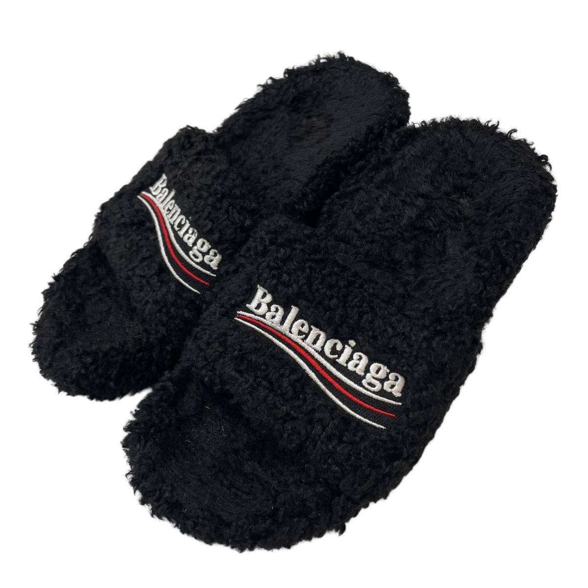 【中古】<br>BALENCIAGA<br>キャンペーンロゴ ファーサンダル ブラック サイズ：36<br>【価格見直し】