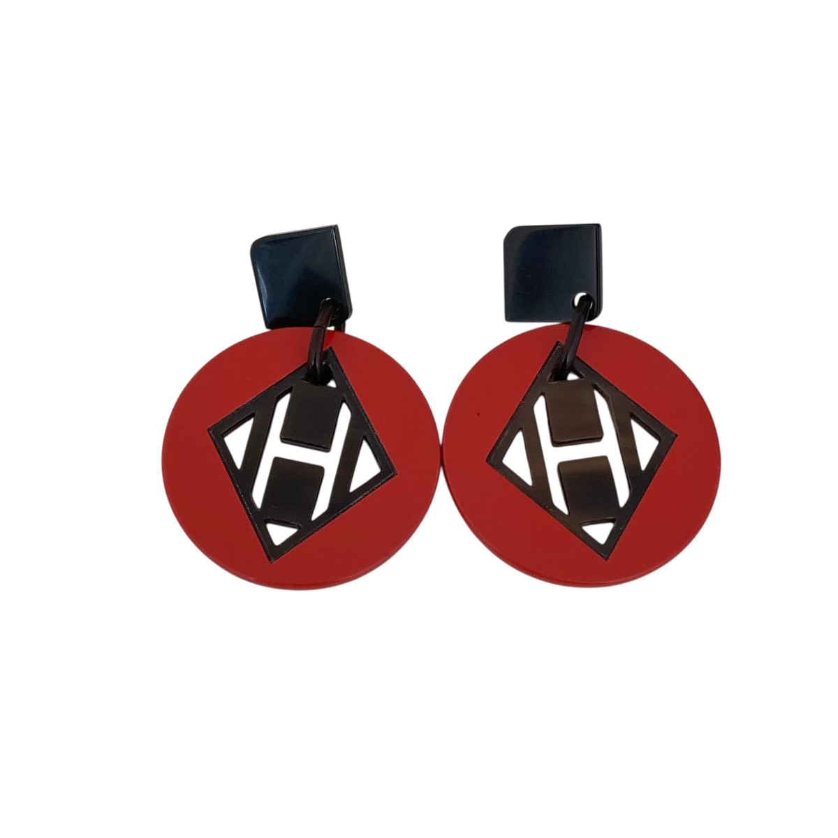 【中古】 HERMES　 バッファローホーン ラッカーウッドピアス レッド×ブラック 【160925】（エルメス）