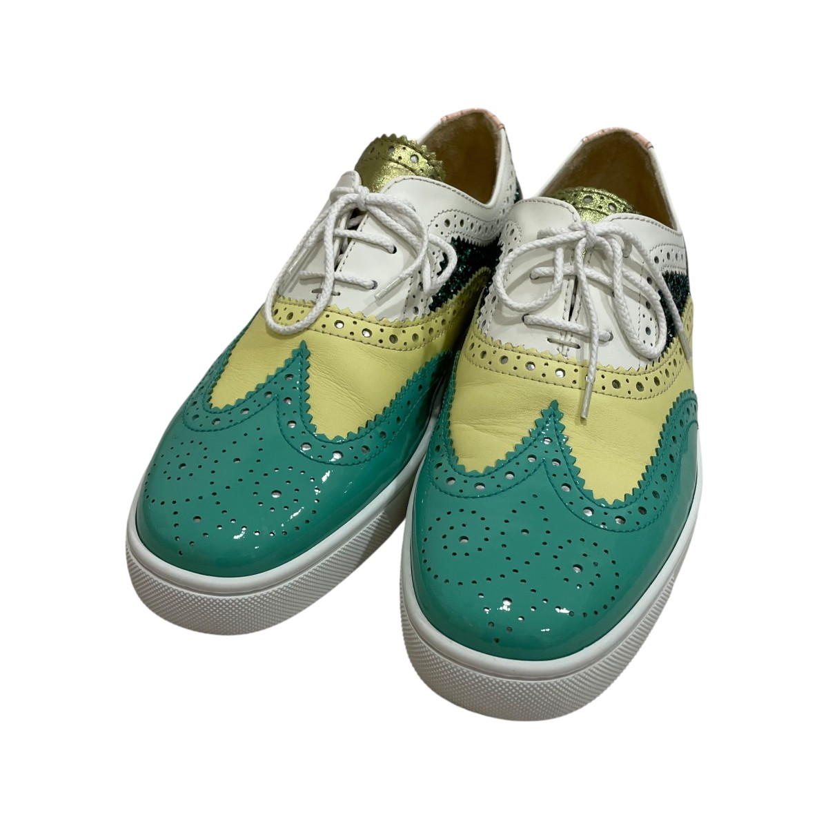 【中古】 Christian Louboutin スパンコールウイングチップパテントシューズ ブルー×イエロー サイズ：42 【価格見直し】 17,820円