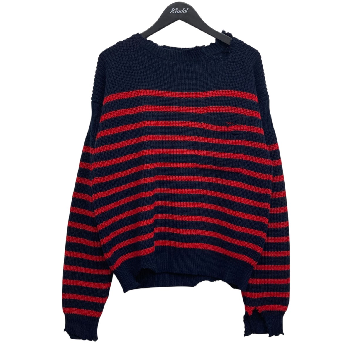 【中古】MARNIクラッシュ加工ボーダーニット ネイビー×レッド サイズ:44【価格見直し】|ブランド古着のカインドオル