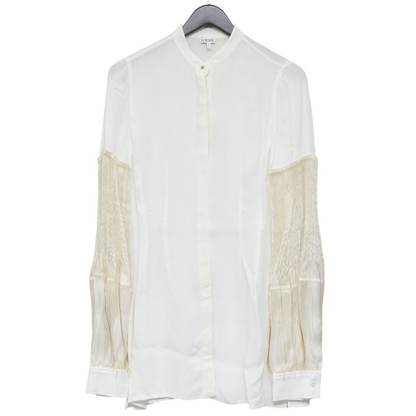 【中古】 LOEWE Embroidered Pleated-Sleeve Crepe Blouse　袖フリンジシャツ　S2109020AP ホワイト サイズ：32 【価格見直し】