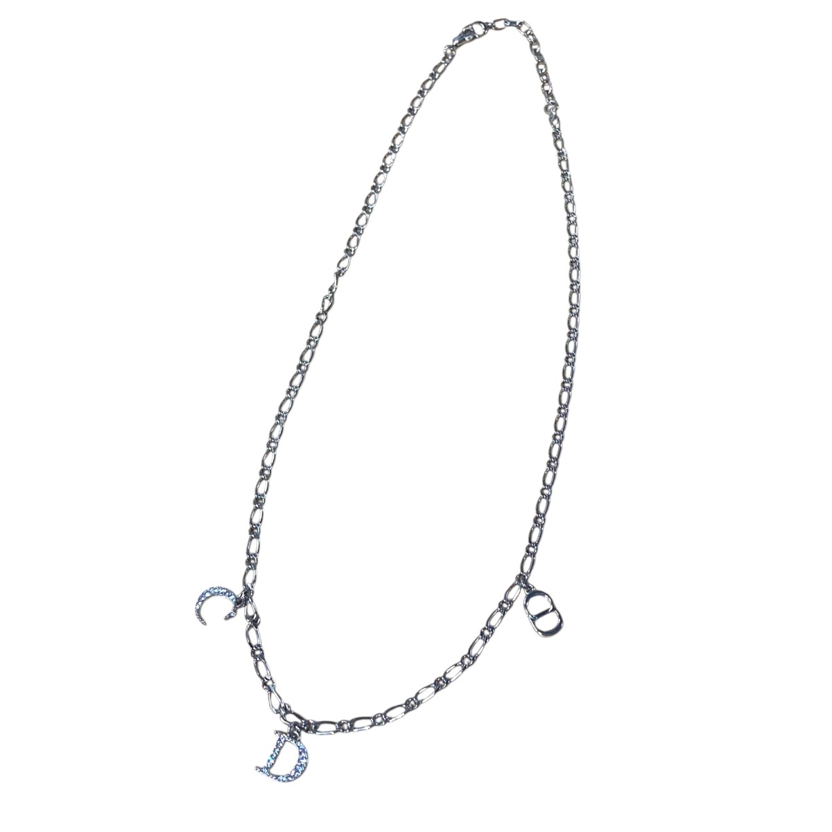 【中古】 Christian Dior CDロゴビジューチャームチェーンネックレス シルバー 【価格見直し】