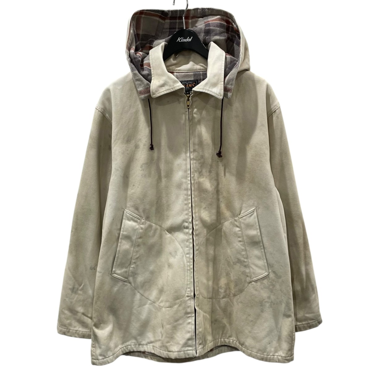 【中古】 BEAMS PLUS 加工ジップアップフーデッドジャケット Sportsman Coat Hard Twisted Oxford Print スポーツマンコート ハードツイストオックスフォード 38-19-0104-791 ベージュ サイズ：M 【価格見直し】