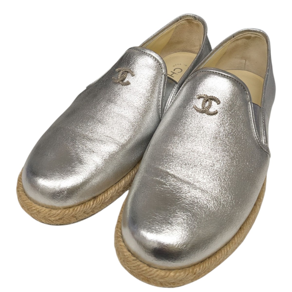 【中古】 CHANEL ココマーク レザー エスパドリーユ スニーカー G31874 シルバー サイズ：36 【価格見直し】