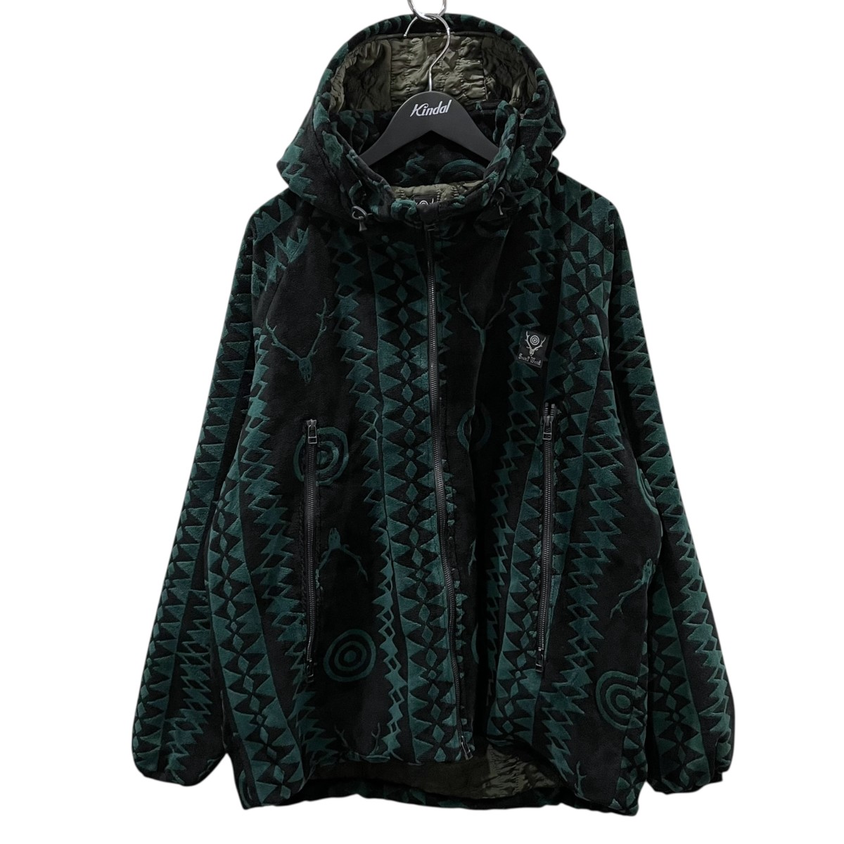 【中古】south2 west8フーデッド中綿ジャケット WEATHER EFFECT JACKET - VELVET JQ． SKULL ＆ TARGET ウェザーエフェクトジャケット - ベルベットジャガード LQ691 グリーン・ブラック サイズ：S【価格見直し】｜ブランド古着のカインドオル