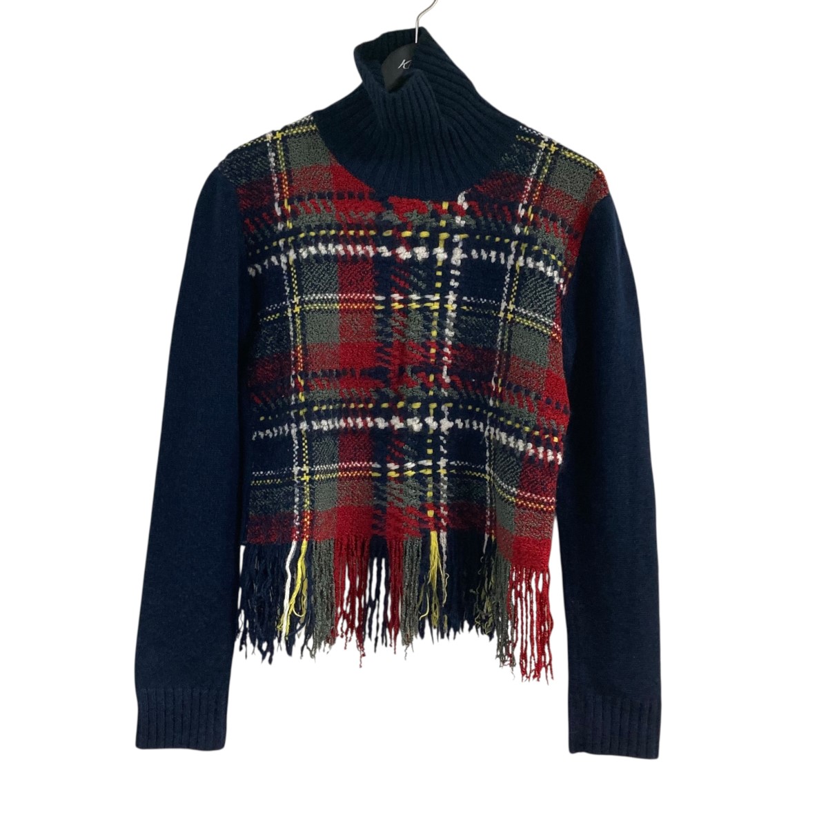 【中古】 Christian Dior チェックフリンジニットセーター ネイビー×レッド サイズ：F 36 【価格見直し】